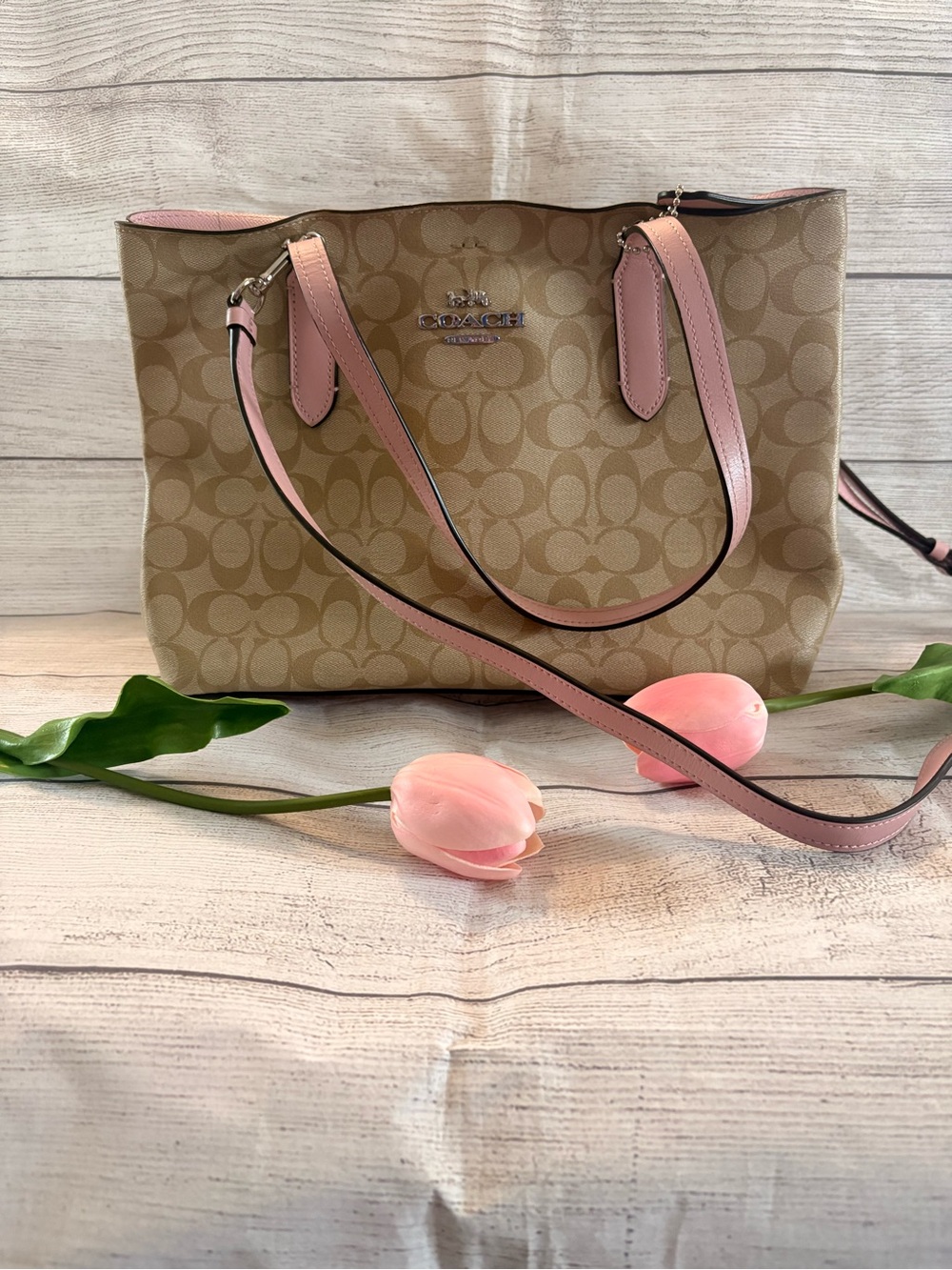 Coach Signature Canvas Tote with Pink Leather Trim